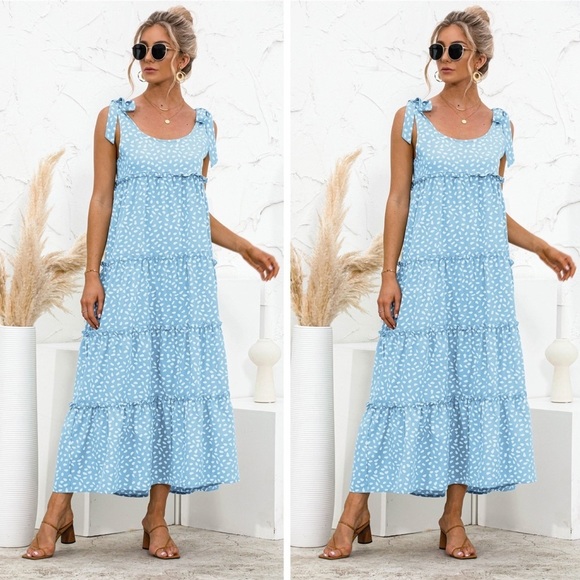 Dresses & Skirts - Blue Polka Dot Adjustable Straps Tiered Dress